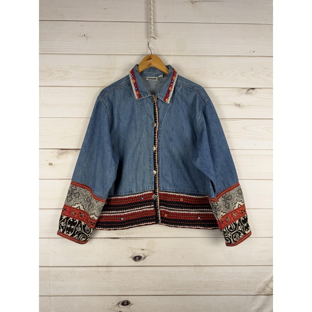 Chico's Design Jacket Womens 3 Blue Denim Embroidered Beaded Boho Hippie